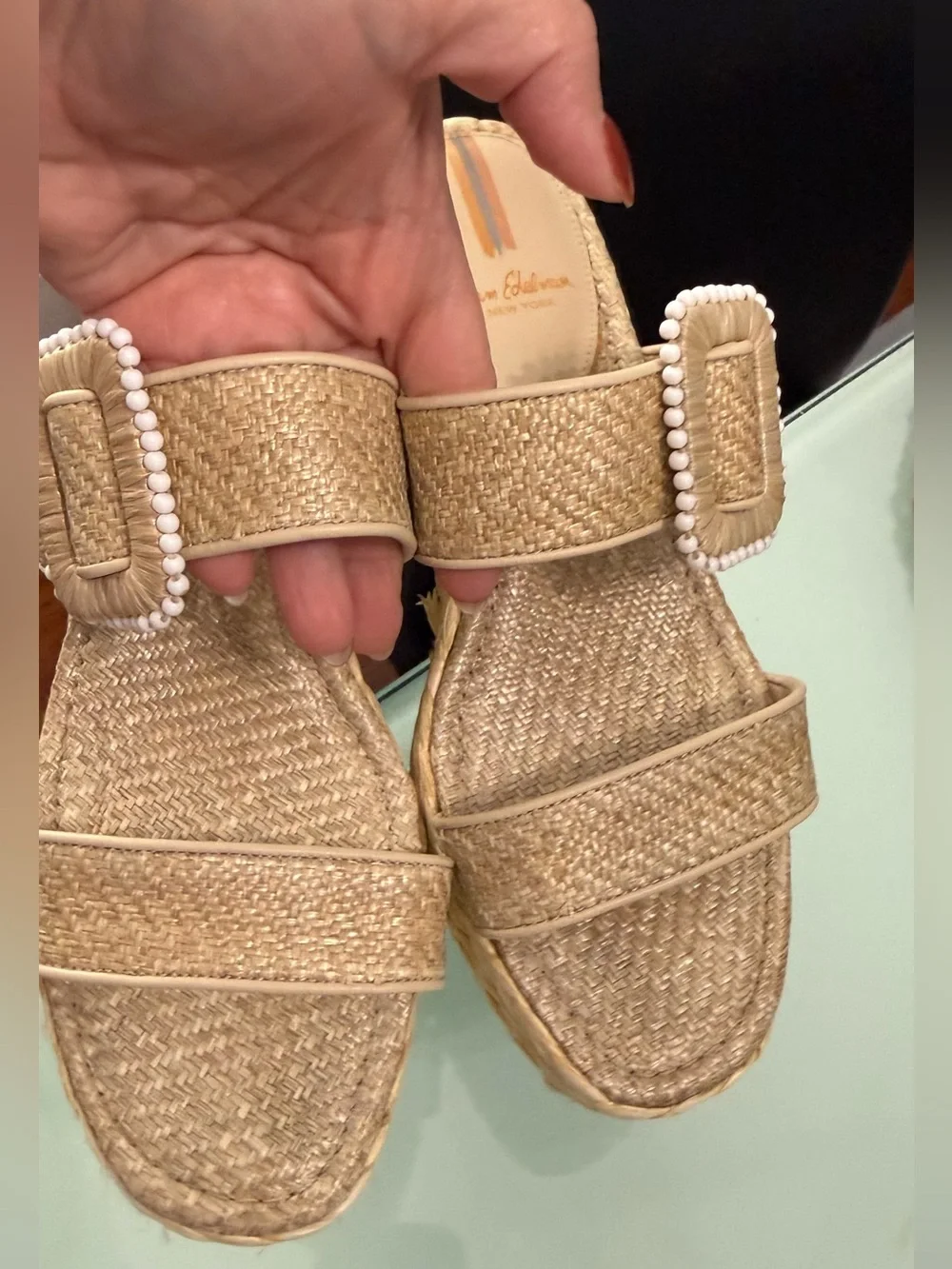 Sam Edelman Natural Raffia Buckle Slide Sandals - Beige